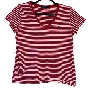 Polo Ralph Lauren Short Sleeve Red/White Striped V-neck Top